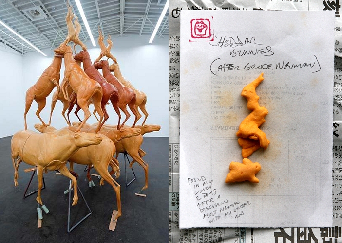 (l) bruce nauman, animal pyramid / (r) j newton . cheddar bunnies found in my lunch, 2005